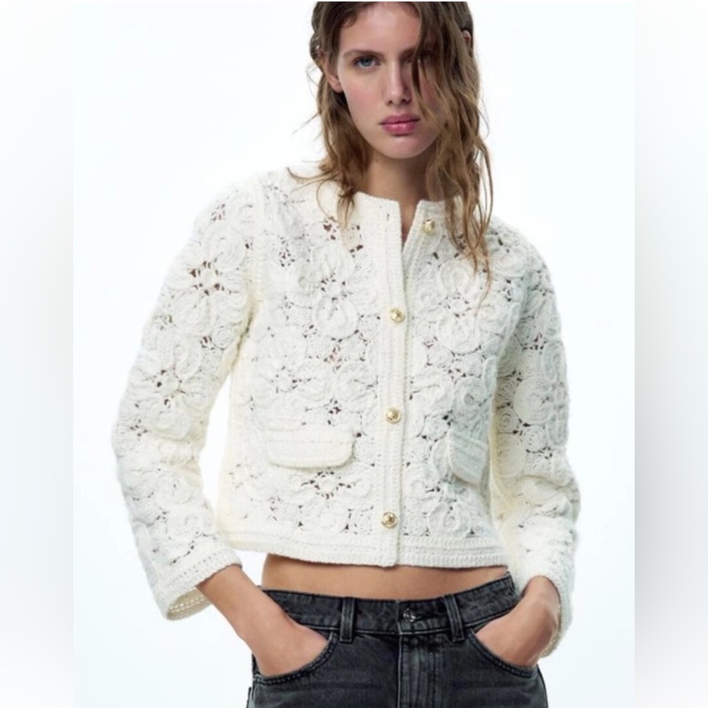 Zara KNIT MACRAMÉ CARDIGAN BLAZER SIZE S